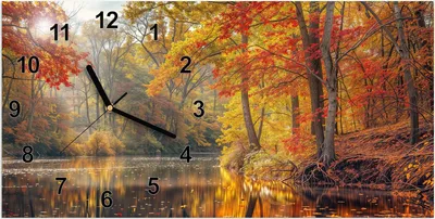 Produktbild von Wanduhr aus Glas mit Motiv Herbstwald See- 60 x 30 cm - inkl. Aufhängesystem