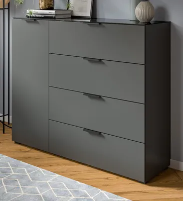 Produktbild von Kommode "Riano" grau mit Glasauflage Sideboard 135 cm, Soft-Close-Funktion