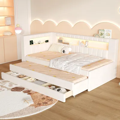 Produktbild von Flieks Tagesbett 90x200cm mit Ausziehbett 90x190cm, Jugendbett mit Ladefunktion, Schlafsofa Kinderbett mit Led und 3 Schubladen, Weiß