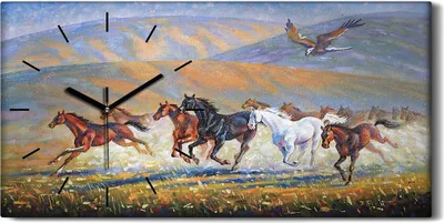 Produktbild von Leinwand Wanduhr Wandkunst Uhr 60x30 Bild Tiere Malerei Pferde Vögel fliege - schwarze Hände