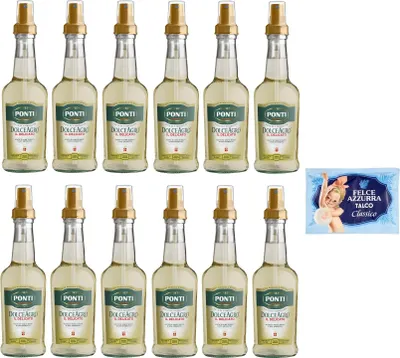 Produktbild von 12er-Pack Ponti Essig Dolceagro Il Delicato Spray Weinessig Essig und aromatischer Traubenmost,250ml Glasflasche + 1er-Pack  Felce Azzurra Talkumpuder, 100g-Beutel