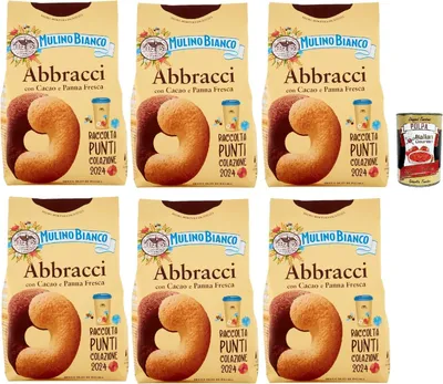 Produktbild von Mulino Bianco Abbracci Biscotti con Cacao e Panna Fresca, Shortbread-Kekse mit Kakao und frischer Sahne, ohne Palmöl, geschmacksintensives Frühstück, 6x 350 g + Italian gourmet polpa 400g