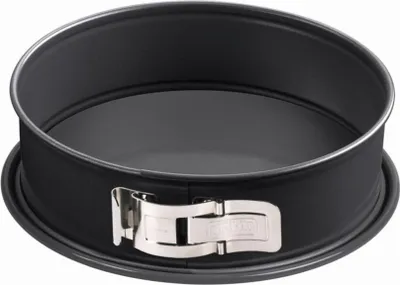 A black springform cake pan with a silver latch is shown against a white background.