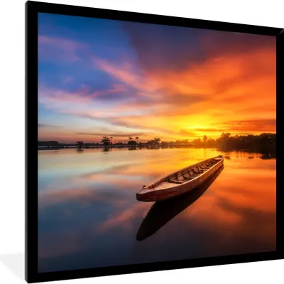 Produktbild von MuchoWow® Gerahmtes Poster Boot - Wasser - Sonnenuntergang - Orange - Wasser 40x40 cm - Poster mit Schwarzem Bilderrahmen Wandposter Rahmen Foto Bilder - Mit Rahmen - Wanddekoration Schlafzimmer
