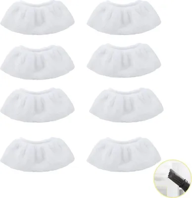 A collection of eight white microfiber covers for a steam cleaner, arranged in two columns of four.
