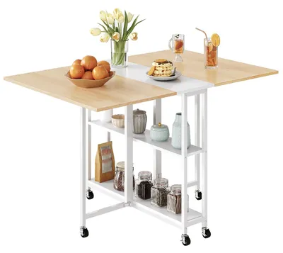 Klapptisch 120x80x76 cm, ausklappbar, 6 Rollen, 2 Ablagen, weiß/natur