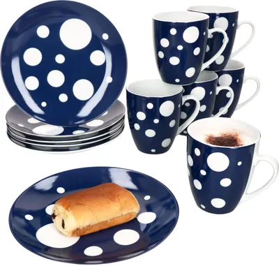 Produktbild von Pula blau 12tlg Frühstücksset Porzellan gepunktete Teller Becher