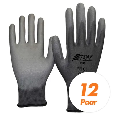 Produktbild von Nitras 6205 Nylon Strickhandschuh grau - VPE 12 Paar - mit PolyurethanBeschichtung auf Innenhand und Fingerkuppen Größe:8
