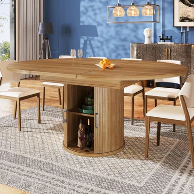 Zdjęcie produktu dla Rozkładany stół jadalny, owalny, wymiary: 118-158 x 118 x 76,8 cm, imitacja orzecha włoskiego, z miejscem do przechowywania