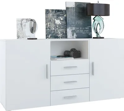 Produktbild von Vladon Sideboard Skadu, Kommode mit 2 Türen, 3 Schubladen und 1 offenem Fach, Weiß matt/Weiß matt (138,5 x 71,5 x 35 cm)