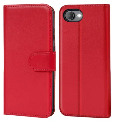A red book-style phone case is shown open and closed.