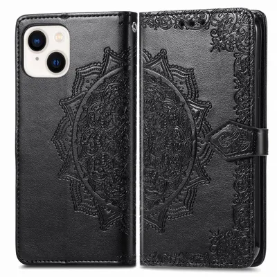 A black leather flip phone case with a mandala design embossed on it, shown open.