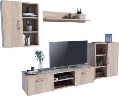Produktbild von MATKAM Wohnwand Dedal 4-teilig aus laminierte Platte 18 mm, 1 Hängeschrank H 75 x B 60 x T 23 cm, Fernsehschrank H 35 x B 140 x T 40 cm, Kommode H 80 x B 70 x T 30 cm, Hängeregal H 20 x B 100 x T 20 cm (Sonoma Eiche)
