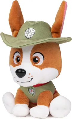 A plush toy of the character Tracker from Paw Patrol, wearing a green hat and vest.