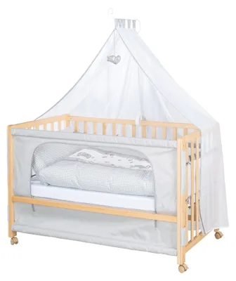 Image de Lit de maintien Roba 60 x 120 cm - Jumbotwins - Lit bébé à fixer - Inclut un matelas, du linge de lit et un ciel de lit sur le thème des éléphants