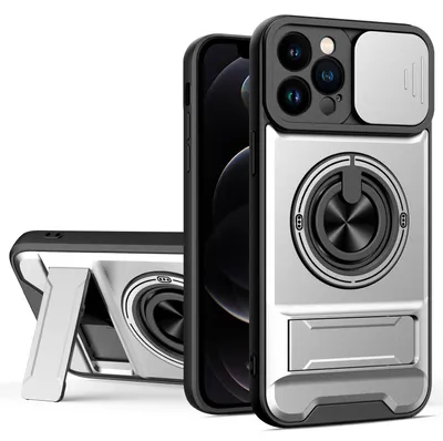 Obrázek produktu pro Magnetické pouzdro pro iPhone 12 Pro Max Ochranné pouzdro s posuvným krytem fotoaparátu a kroužkovým stojánkem Stříbrná