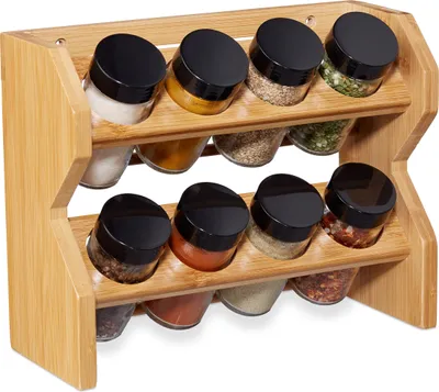 Produktbild von Relaxdays Gewürzregal, 8 Gewürzgläser, mit Streuaufsatz & Schraubverschluss, Stellen & Hängen, Bambus Würzregal, natur