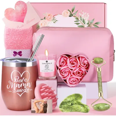 Productafbeelding van Cadeauset voor mama, 10-delig, roze, met thermosbeker, geurkaars, massageborstel, jade roller, gua sha, cosmetics tas, zeepbloemen, wenskaart en cadeauverpakking