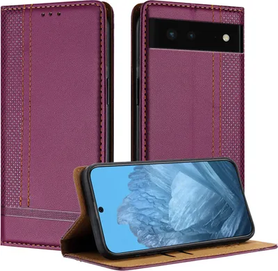 Produktbild von Handyhülle für Google Pixel 6 Leder Flip Klappbare Schutzhülle mit Standfunktion Lila