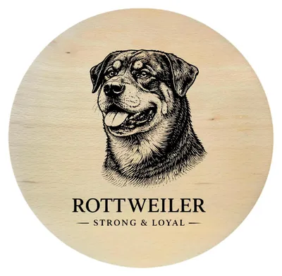 Produktbild von Buchenholzbrett mit Hundegravur – Rottweiler, rund 25 cm