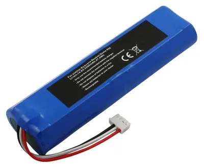 A blue lithium-ion battery pack with a white connector and wires.
