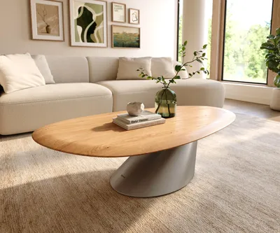 Produktbild von DELIFE Couchtisch Edge Oval 140x75 cm Eiche Natur Runde Kante Conis Edelstahl gebürstet