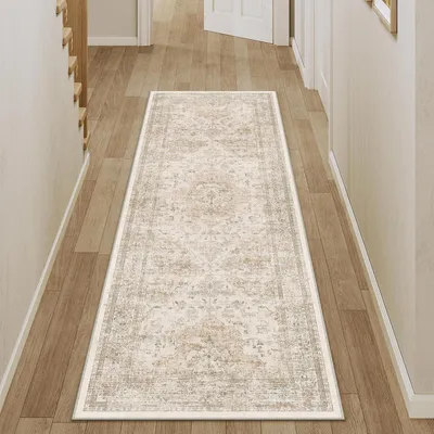 Obrázek produktu pro Koberec do chodby, běhoun, 60x180 cm, béžová barva, omyvatelný, krátký vlas, protiskluzový, mikrovlákno