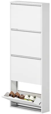 Immagine prodotto di Armadio stretto per scarpe in metallo bianco con 4 cassetti a ribalta | Colore: Bianco | Dimensioni: 55x15x139,5 cm
