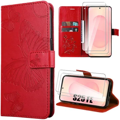 Image de Coque + 2 Verres Trempés pour Samsung Galaxy S25 FE, Protection Cuir Synthétique Antichoc Rouge Motif Papillon