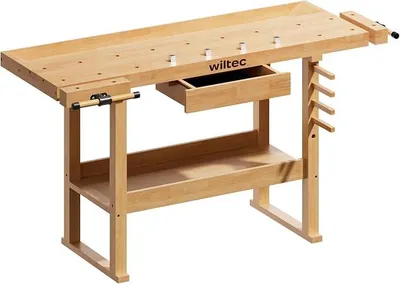 Imagen del producto de Banco de trabajo Silecomplaza, dimensiones 151 x 61,5 x 86 cm, fabricado en madera, mesa de trabajo de madera de caucho, banco de trabajo resistente hasta 150 kg, con cajón y mordazas