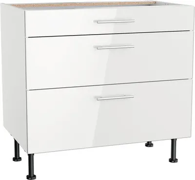 A white, glossy cabinet with three drawers and silver handles, standing on black legs.