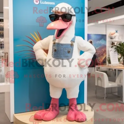 Produktbild von Maskottchenkostüm REDBROKOLY Weißer Flamingo mit Latzhose und Sonnenbrille