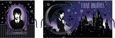 A collage of three images featuring Wednesday Addams, with a castle and celestial elements.