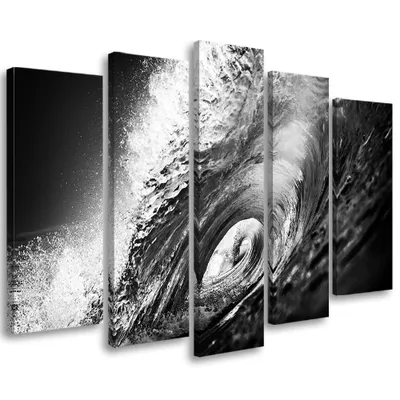 Produktbild von 5-teiliges leinwandbild wellen meer b&w 150x100 cm Feeby grün wandbild bereit zum aufhängen