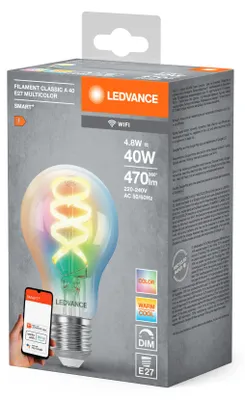 Obrázek produktu pro LEDVANCE SMART+WIFI Filament Classic RGBTW, LED žárovka, sklo bez obsahu olova, čiré, 4,8 W (odpovídá 40 W), 470 lm, RGBW, 2700 K, Wi-Fi, kompatibilní s chytrými reproduktory, stmívatelná