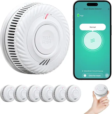Immagine prodotto di Rilevatore di fumo PHYSEN WLAN, confezione da 6 pezzi, sensori wireless con allarme antincendio e app, per la protezione di casa e ufficio.