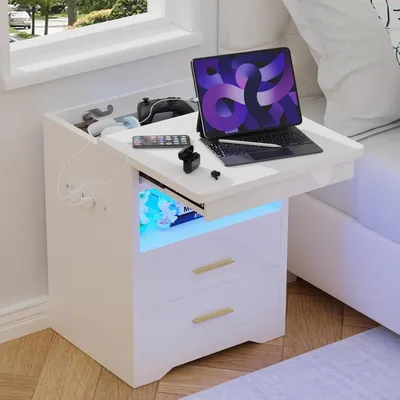 Produktbild von LED Nachttisch mit Steckdose & USB,Nachttisch Hochglanz mit 2 Schubladen,Beistelltisch Nachtschrank für Schlafzimmer Wohnzimmer,Modern,35x40x55cm