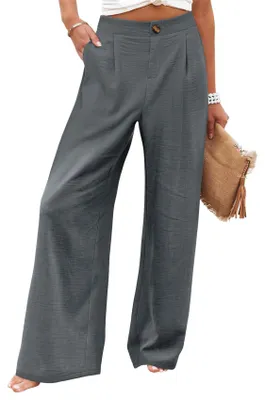 Produktbild von ASKSA Damen Weite Bein Hose Hohe Taille Leichte Sommerhose Palazzo Baggy Casual Freizeithose mit Taschen Dunkelgrau M
