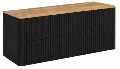 Image de Armoire de salle de bain, dimensions 120 cm, couleur noire, façade en bois stratifié imitation chêne, dimensions totales : 120,8 x 44,2 x 50 cm, productTiles.product.images.aiGenerated