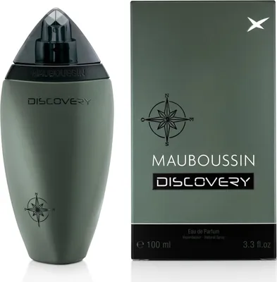 A perfume bottle and its packaging are displayed against a white background.