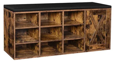 Produktbild von Vintage-Schuhbank – 9 Fächer – verstellbare Einlegeböden – gepolsterte Sitzfläche – braun – 110 cm