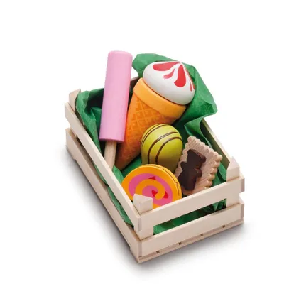 Produktbild von Erzi Sortiment in der Holzsteige Süßwaren, klein, Spielzeug-Lebensmittel, Kaufladenzubehör
