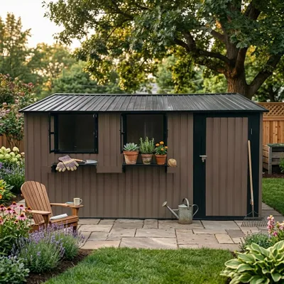 Immagine prodotto di Casetta da giardino 359,4 × 284,2 cm in acciaio zincato, 10,21 m², doppia porta, 3 finestre apribili, mensola per fiori, marrone-nero