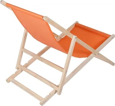 An orange fabric deck chair with a wooden frame, shown from a side-rear angle against a white background.