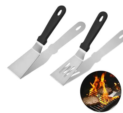 Zdjęcie produktu dla Zestaw dwóch małych łopatek ze stali nierdzewnej, idealnych do smażenia naleśników, jajek i ciasta, oraz do skrobania grilla