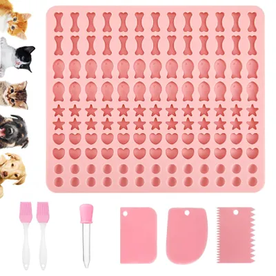 Image de Moules à pâtisserie en silicone, 5 moules pour biscuits pour chiens, moule réutilisable avec 3 spatules, 2 pinceaux et 1 pipette en silicone, moule pour biscuits à cuire au four