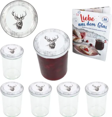 A set of glass jars with lids, a jar filled with jam, and a recipe booklet.
