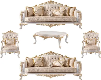 Produktbild von Casa Padrino Luxus Barock Wohnzimmer Set Beige / Weiß / Gold - 2 Barock Sofas & 2 Barock Sessel & 1 Barock Couchtisch - Luxus Wohnzimmer Möbel im Barockstil - Barock Möbel - Edel & Prunkvoll