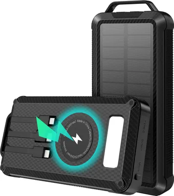 A solar power bank with integrated cables and a wireless charging pad is shown, with a second power bank in the background.