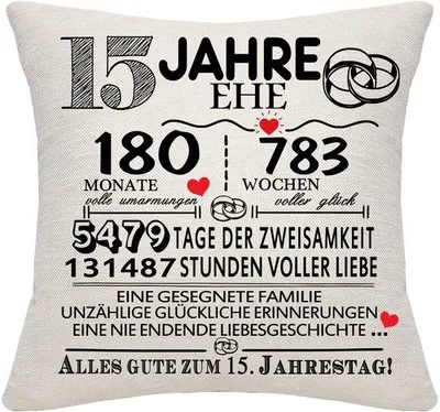 Produktbild von Hochzeitsjubiläum-Geschenk für Ehepaare - 15 Jahre Erinnerungskissenbezug als Souvenir für verliebte Eheleute